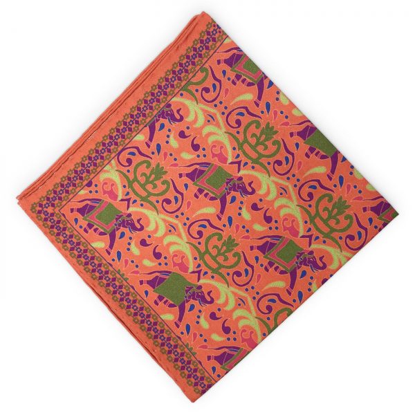 Elephants: Silk Pocket Square - Tangerine